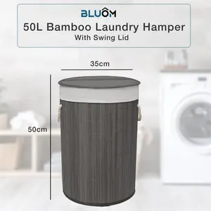 MantraRaj Bamboo Laundry Basket with Handles 50L Folding Bamboo Hamper Basket With Lid (Grey)