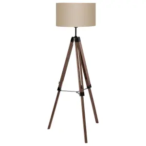 Tripod Floor Lamp Light Wood Leg & Taupe Fabric Shade 1 x 60W E27 Bulb