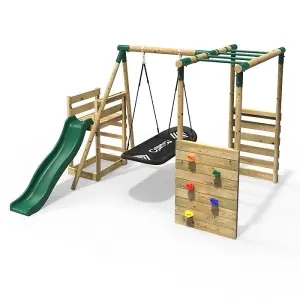 Rebo Wooden Children's Swing Set with Monkey Bars plus Deck & 6ft Slide - Single Boat Swing - Green