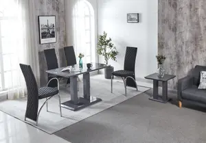 Modernique Rocco Grey Gloss Finish MDF Dining Table with 4 Black Velvet Dining Chairs