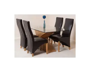 Valencia 160 cm x 90 cm Glass Dining Table and 4 Chairs Dining Set with Lola Brown Leather Chairs