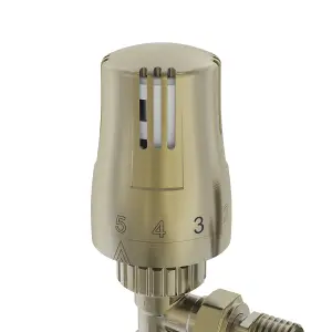 Rinse Bathrooms Thermostatic Radiator Valve 15mm x 1/2" Angled Brushed Brass Rad TRV + Lockshield