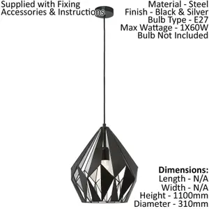 Hanging Ceiling Pendant Light Black & Silver Geometric 1x 60W E27 Feature Lamp