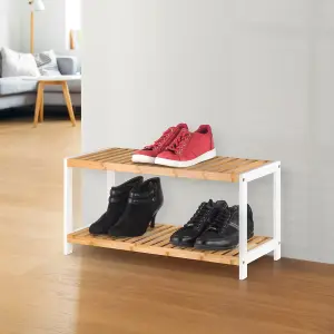 Woodluv 2-Tier Shoe Rack, Shoe Storage Organiser, Wooden Storage Rack, Shoe Shelf for Hallway, Living Room, 69 x 26 x 31cm