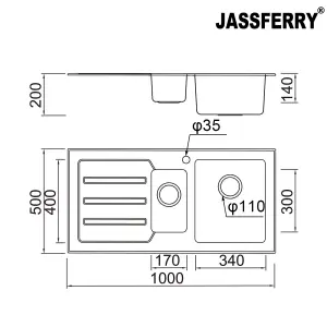 JASSFERRY Black Glass Top Kitchen Sink Stainless Steel 1.5 Deep Bowl Left Hand Drainer with Draining Groove