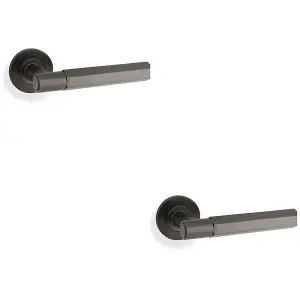 2 PACK - SOLID BRASS Hex Door Handle Set - Dark Bronze Industrial Lever Round Rose