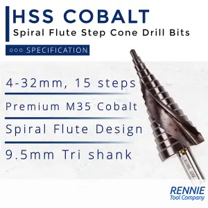 Rennie Tools 4-32mm HSS Cobalt Spiral Flute Step Cone Drill/Hole Cutter For Metal, Stainless Steel And Hard Metals. M35 8% Cobalt