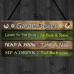 Red Ocean Garden Rules Sign - Funny Garden Signs and Plaques - Novelty Outdoor Garden Shed Plaques - Hanging Decoration Signs