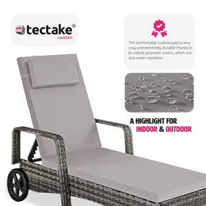 Sun Lounger - 6-position backrest, weather & UV-resistant, soft pillow, two wheels - grey/light grey