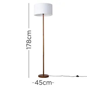 ValueLights Heather Modern Scandi Floor Lamp In Dark Wooden Finish with White Drum Shade - Includes 6w LED GLS Bulb 3000K