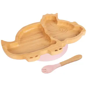 Bamboo Dinosaur Baby Weaning Plate & Fork Set - Pastel Pink