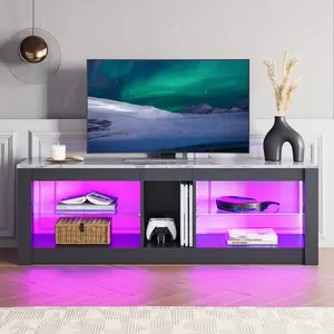 Nabria 55" length  TV Stand Cabinet with Glass Shelf & RGB LED Lighted for up to 65" TVs, Gaming Entertainment Center White Marble