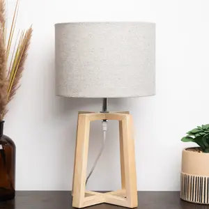 Natural Wooden Table Lamp with Linen Look Shade Criss Cross Legs