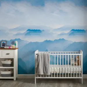 Grandeco Misty Mountain Landscape 3 panel repeatable Textured Mural, 2.8 x 1.59m Blue