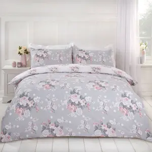 Dreamscene English Rose Duvet Cover with Pillow Case Bedding Set, Grey - King