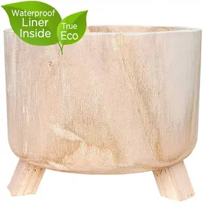 HORTICO™ Indoor Plant Pot on Feet, (Dia) 24cm GROWER Round Wooden Planter for House Plants with Waterproof Liner D24 H19 cm, 4.1L