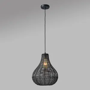 ValueLights Torin Black Woven Wicker Rattan Teardrop Basket Ceiling Light Shade - Complete with 6w LED GLS Light Bulbs 3000K