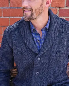 Mens Logan Cable Shawl Collar Cardigan Blue | Woolovers