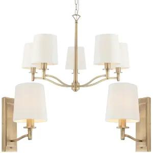 5 Bulb Ceiling Pendant Lamp & 2x Matching Wall Light Matt Antique Brass & Shade