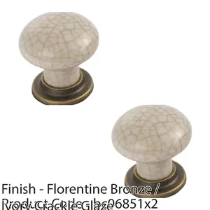 2 PACK - Porcelain Mushroom Cupboard Door Knob 36mm Dia - Florentine Bronze & Ivory Glaze