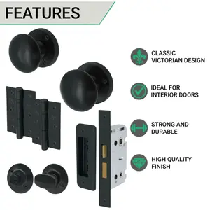 EAI - Round Mortice Door Knobs and Bathroom Lock Kit - 55mm - Matt Black