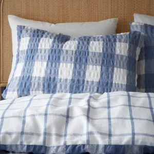 Catherine Lansfield Brushed Seersucker Gingham Reversible Double Duvet Cover Set with Pillowcases Blue