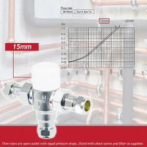 Tower 15mm TMV Thermostatic Mixing Valve Water Supply Blending Compression Fitting Kit (Brass, Chrome Plated)