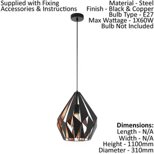 Hanging Ceiling Pendant Light Black & Copper Geometric 1x 60W E27 Feature Lamp