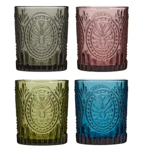 Set of 4 Vintage Luxury Mix-Match Embossed Short Drinking Glass Tumblers 300ml