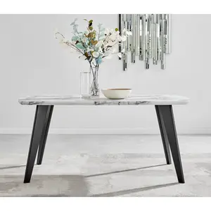 Anders Modern High Gloss Marble Effect Dining Table Set with 6 Luxury Velvet Dining Chairs Grey/Silver