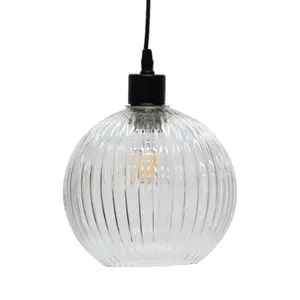 First Choice Lighting Set of 2 Betchley Clear Ribbed Glass Globe with Black Pendant Fittings