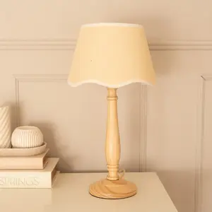 ValueLights Victoria Light Wood Table Lamp with Linen Scallop White Trim Tapered Shade & Bulb