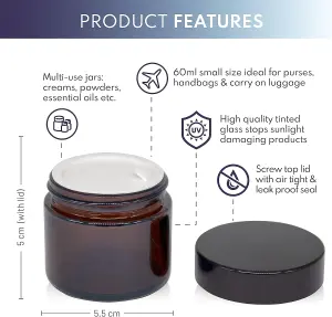 8 Pack Amber Glass Jars 60ml with Lids, Spatula & Liner - UV Protected Travel Cosmetic Pots for Cream, Ointment, & More