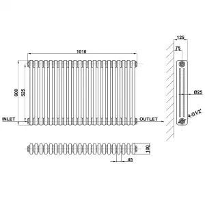 Horizontal Anthracite Triple Column Radiator (H) 600mm x (W) 1010mm, 6548 BTU.