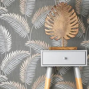 Cascade Leaf Wallpaper Grey / Rose Gold Fine Decor FD42839