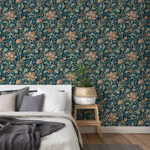 Grandeco Marian Floral trail Navy & terracotta Smooth Wallpaper