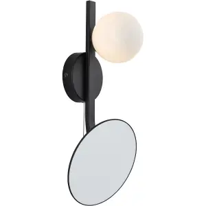 IP44 Bathroom Wall Light - Opal Glass Shade Lamp Matt Black Frame - Mirror Built in