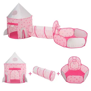 Livingandhome 3 in 1 Pink Kids Play Tent Pop up Rocket Tent Teepee Garden Toys with Crawl Tunnel and Ball Pit Playground