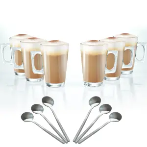 Set of 6 Latte Glasses with Spoons Cappuccino, Tea & Hot Drink Glass Cups with Handle