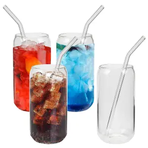 4 X 16oz Can Shaped Glass Cups - Drinking Glasses with Glass Straw - Classic Design With Aesthetic Appeal