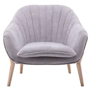 Light Grey Faux Wool Upholstered Scallop Back Armchair with Wooden Legs