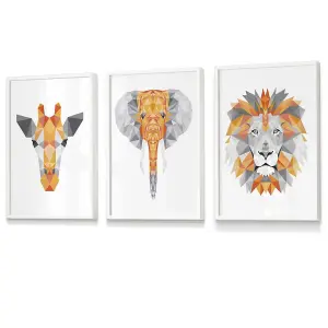 Set of 3 Geometric Orange Grey Jungle Animal Heads Wall Art Prints / 30x42cm (A3) / White Frame