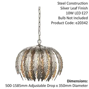 Small Ornate Silver Ceiling Pendant Light Fitting Decorative Layered Leaf Design