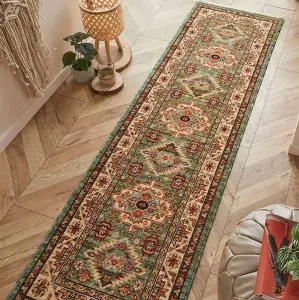 Persian Bordered Geometric Easy to Clean Green Traditional Rug for Living Room Bedroom & Dining Room-80cm X 150cm