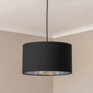 ValueLights Reni Medium Black Fabric with Metallic Chrome Silver Inner Drum Ceiling Lamp Shade