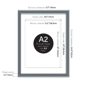 A2 Grey Picture Frame With Mount for A3 (29.7 x 42cm - 11.7 x 16.5in) Poster, Photo, Artwork, or Print.