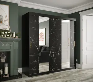 Elegant Black Geneva Sliding Door Wardrobe W2000mm H2000mm D620mm - Mirrored Doors, Gold Handles, Large Storage