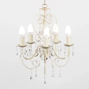 ValueLights Lille Cream Ornate 5 Way Ceiling Light Chandelier with Acrylic Jewels and 5 LED SES E14 Frosted Glass Candle Bulbs