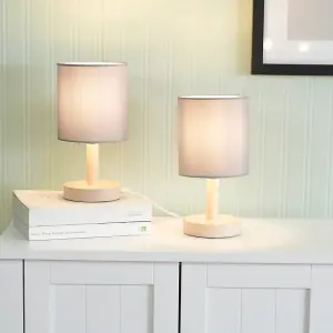 ValueLights Nelly Set of 2 - Natural Wood Base Bedside Table Lamps with Grey Cylinder Fabric Lampshade for Bedroom Light