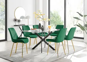 Furniturebox UK Leonardo Black Leg Glass Dining Table & 6 Green Pesaro Gold Leg Chairs